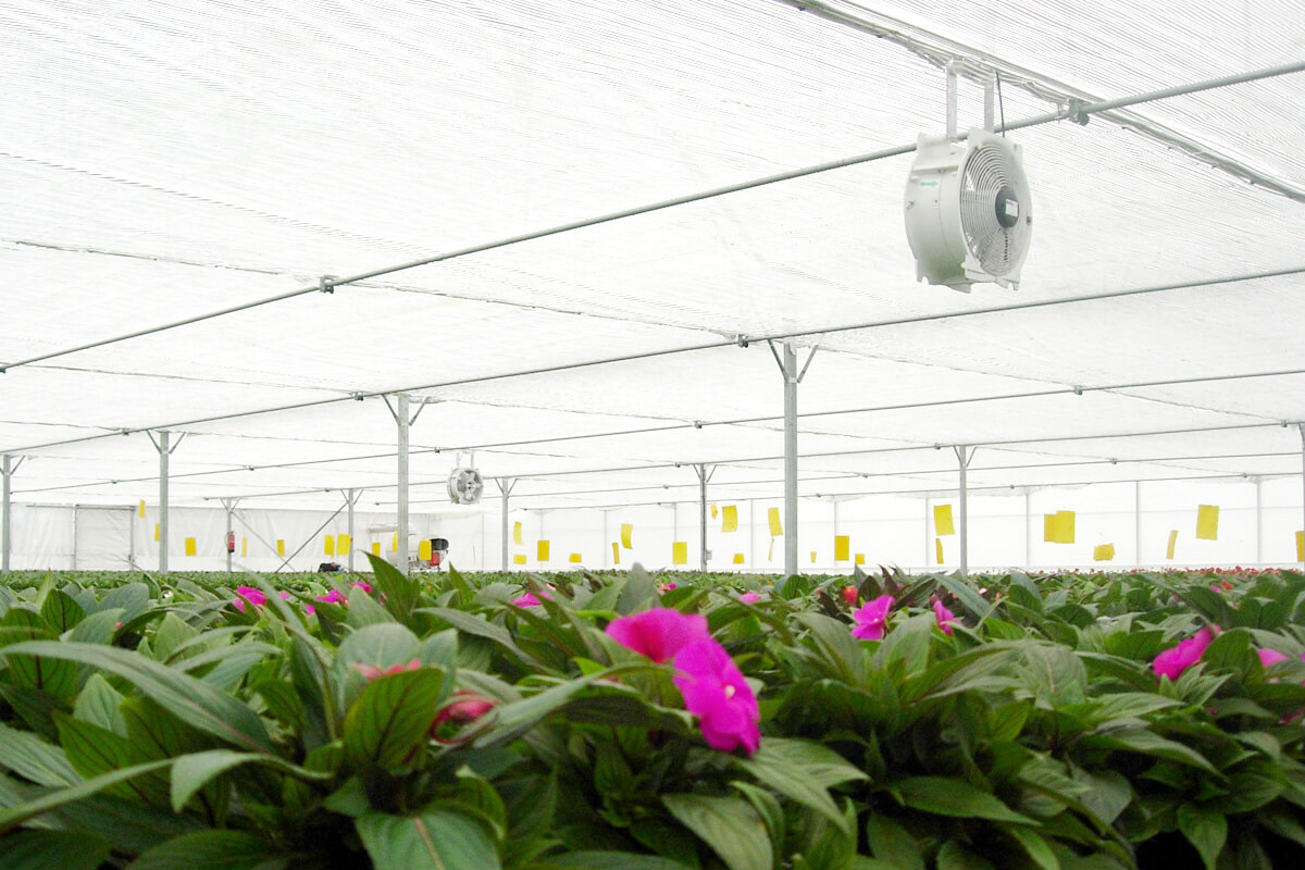 Air circulation fans for greenhouses